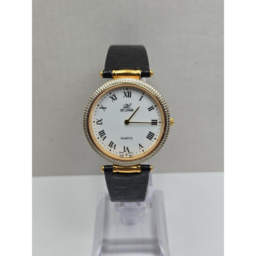 Vintage De Longe Mens Quartz Gold Silver Executive Watch Black Strap New Battery